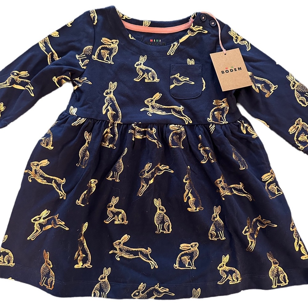 Boden Long Sleeve Tshirt Dress with Gold Bunnies